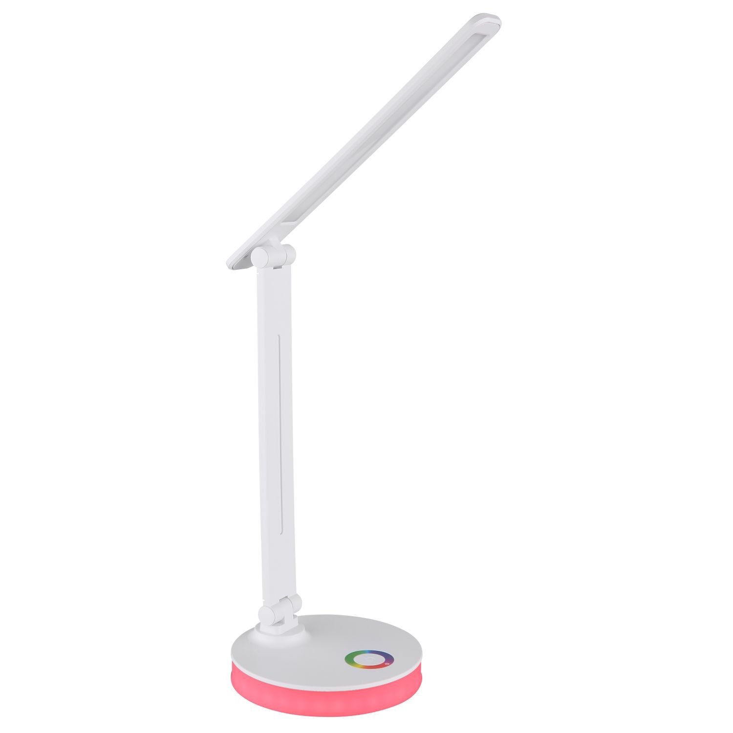 Biała lampa biurkowa LED z regulowanym ramieniem i okrągłą podstawą, która świeci na różowo. Na podstawie znajduje się kolorowy okrągły przycisk.