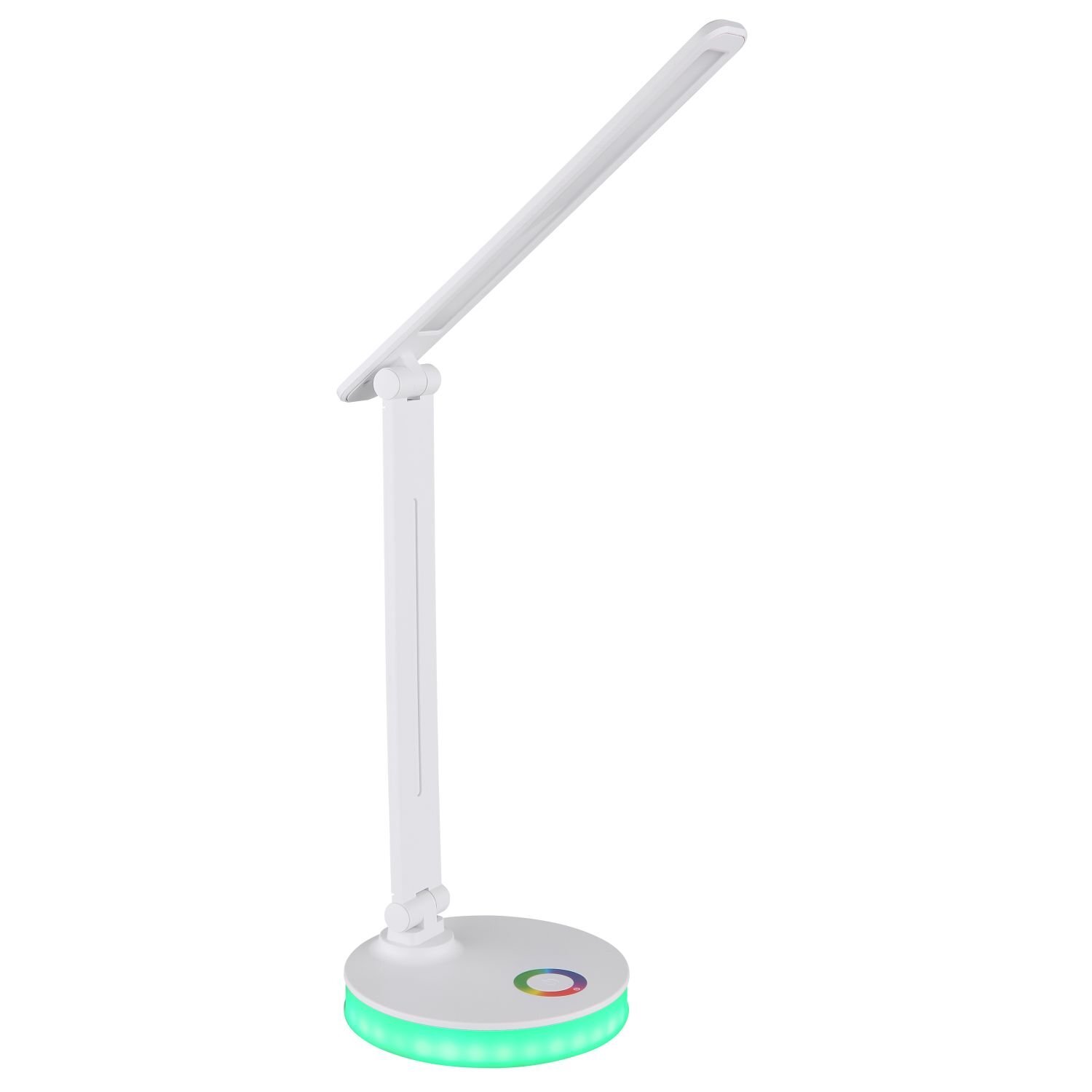 Biała lampa biurkowa LED z regulowanym ramieniem i okrągłą podstawą, która świeci na zielono. Na podstawie znajduje się kolorowy okrągły przycisk.
