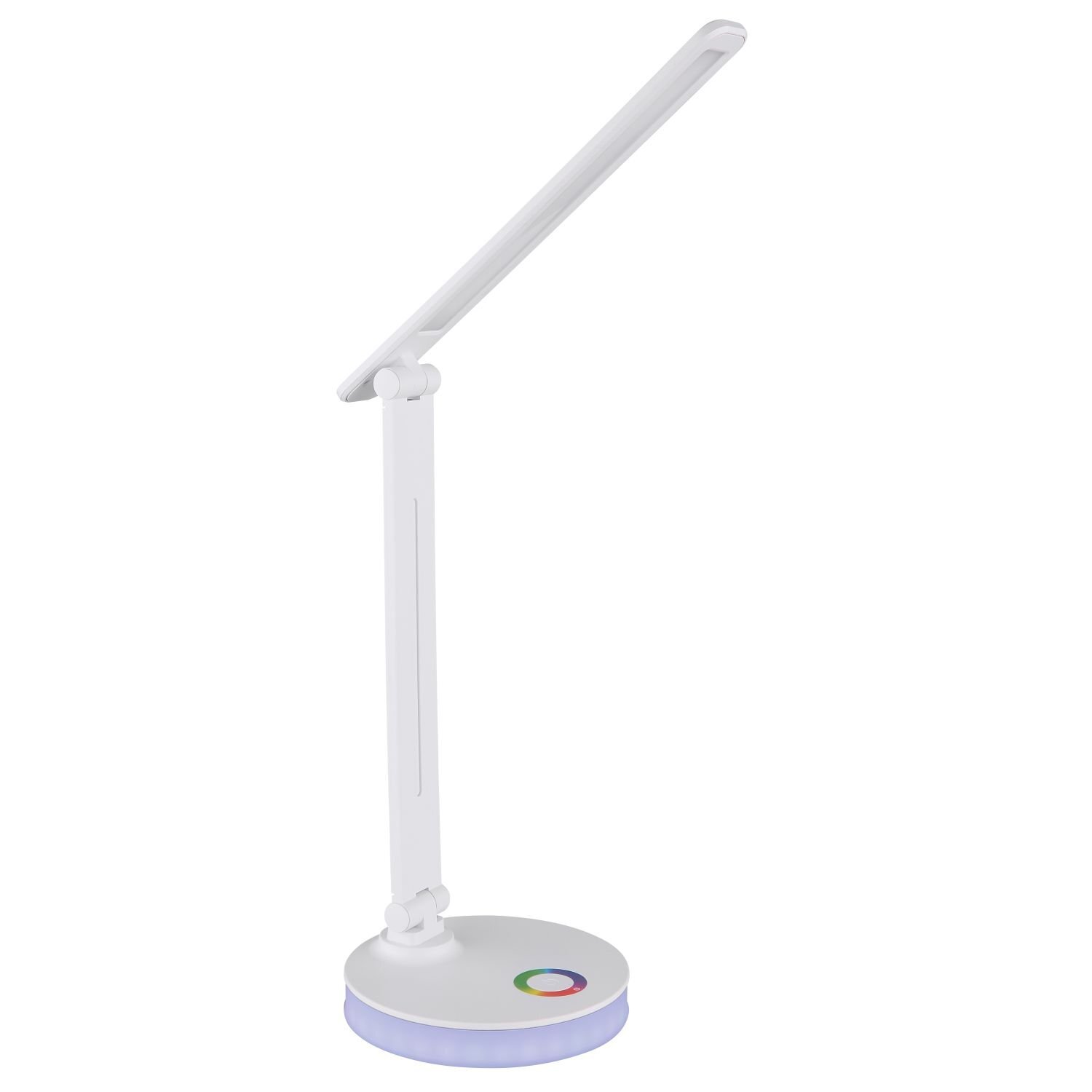 Biała lampa biurkowa LED z regulowanym ramieniem i okrągłą podstawą. Na podstawie znajduje się kolorowy przycisk dotykowy.