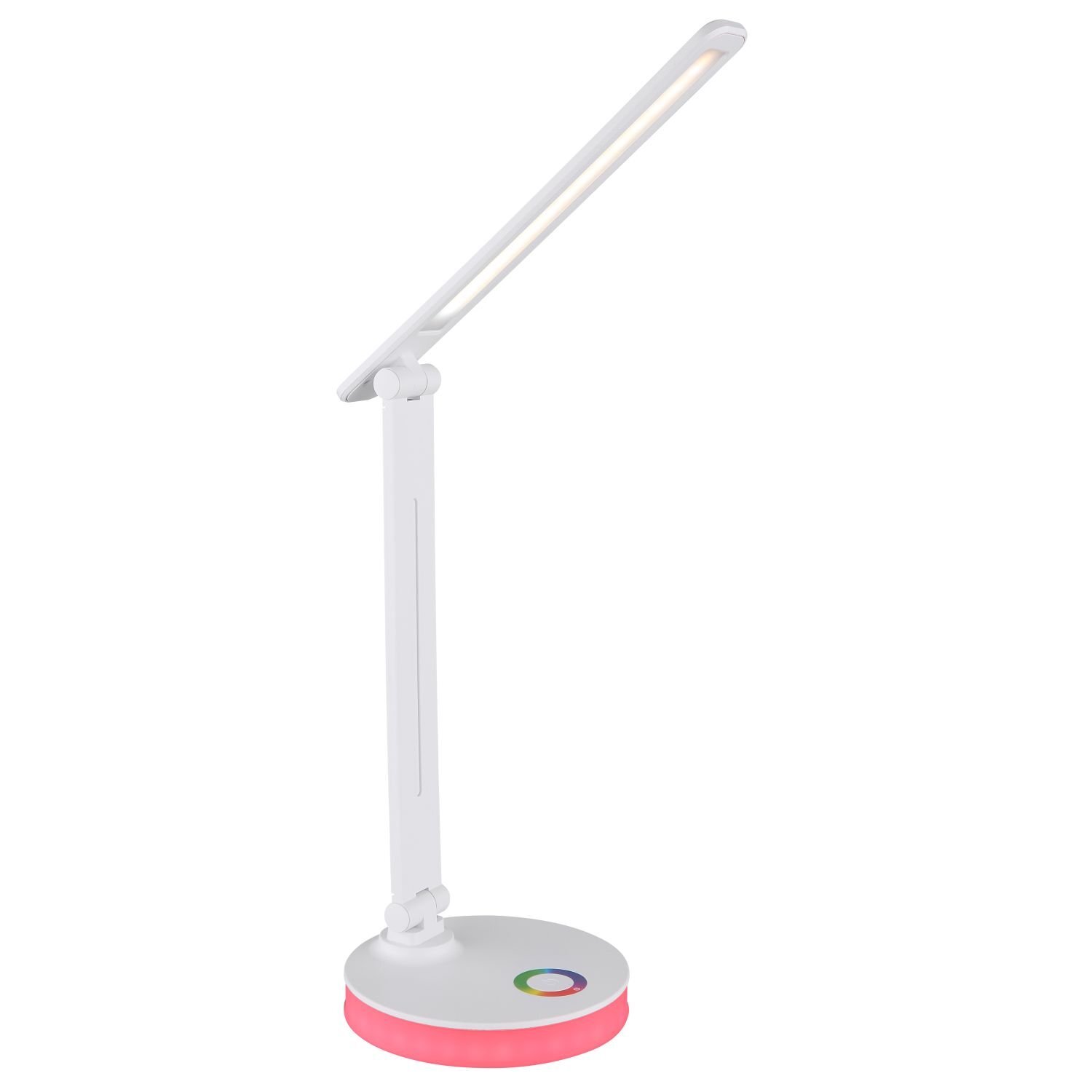 Biała lampa biurkowa LED z długim, regulowanym ramieniem i okrągłą podstawą z kolorowym pierścieniem. Podstawa lampy świeci na różowo.