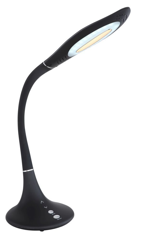 Czarna lampa biurkowa LED o nowoczesnym designie z elastycznym ramieniem i dotykowym panelem sterowania na podstawie. Lampa posiada okrągły klosz z widocznym źródłem światła.