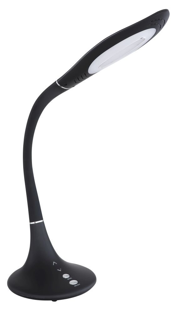 Czarna lampa biurkowa LED z elastycznym ramieniem i dotykowym panelem sterowania na podstawie. Lampa ma nowoczesny design i wbudowany ściemniacz.