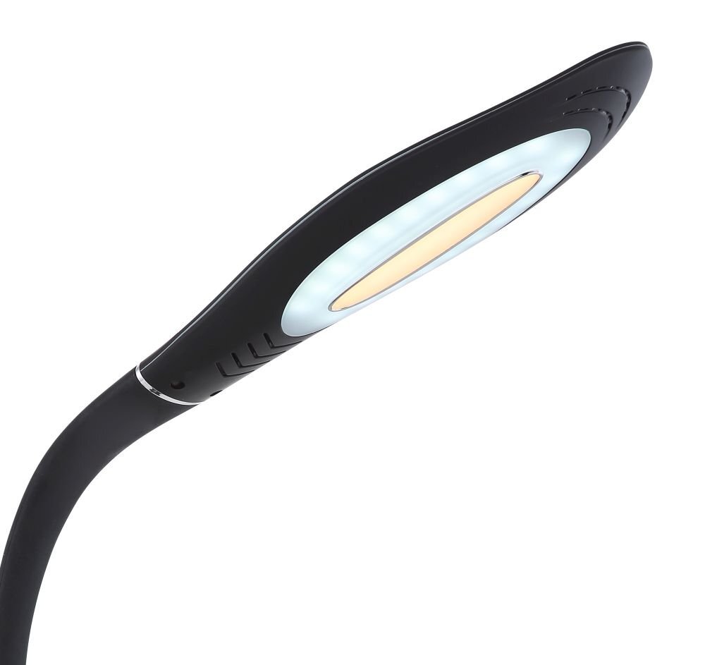 Czarna lampa biurkowa LED z elastycznym ramieniem i podłużnym panelem świetlnym, który emituje białe i ciepłe światło. Lampa posiada dotykowy ściemniacz i nowoczesny design.