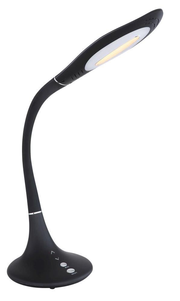 Czarna lampa biurkowa LED z elastycznym ramieniem i dotykowym panelem sterowania na podstawie. Lampa ma nowoczesny design i emituje ciepłe światło.