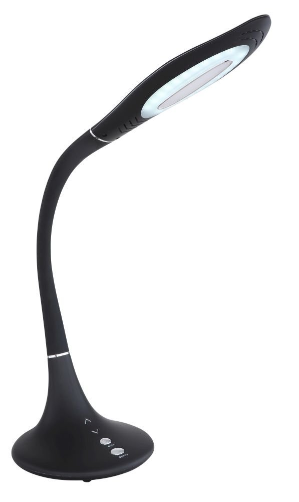 Czarna lampa biurkowa LED o nowoczesnym designie z elastycznym ramieniem i dotykowym panelem sterowania na podstawie. Lampa posiada wbudowany ściemniacz i regulację temperatury barwowej światła.
