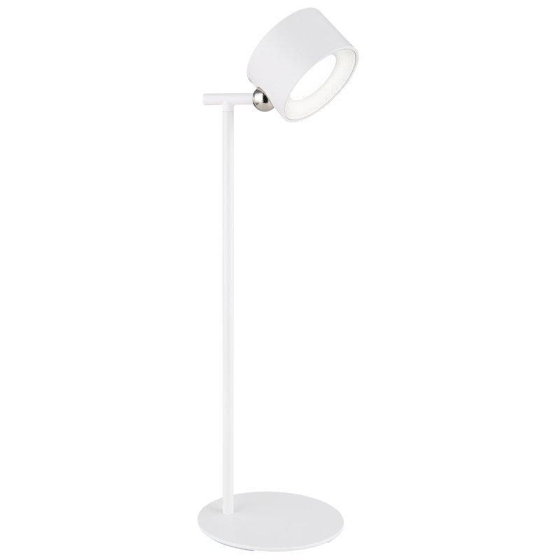 Biała lampa biurkowa LED z okrągłym kloszem i prostym stojakiem na okrągłej podstawie. Klosz jest skierowany w dół, a całość ma minimalistyczny design.