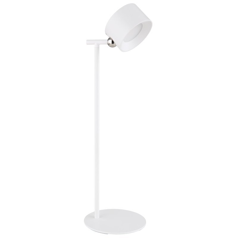 Biała lampa biurkowa LED z okrągłym kloszem i prostym stojakiem na okrągłej podstawie. Klosz jest zamocowany na metalowej kulce umożliwiającej regulację kąta świecenia.