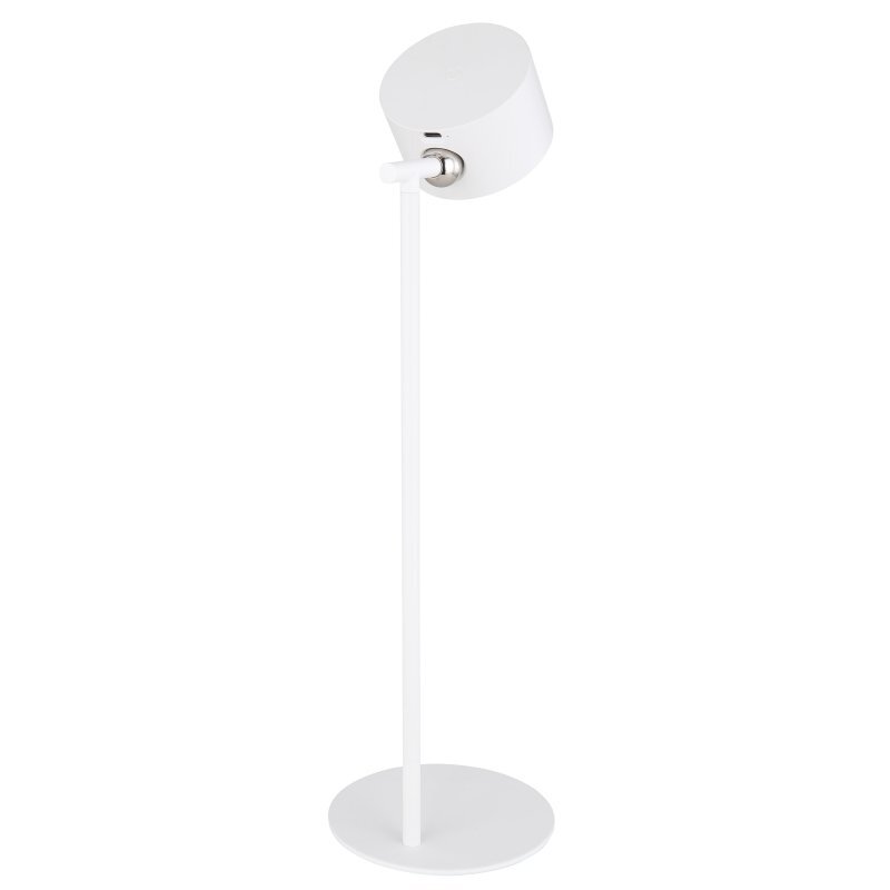 Biała lampa biurkowa LED z okrągłą podstawą i cylindrycznym kloszem na smukłym ramieniu. Lampa posiada dotykowy ściemniacz i port USB na kloszu.