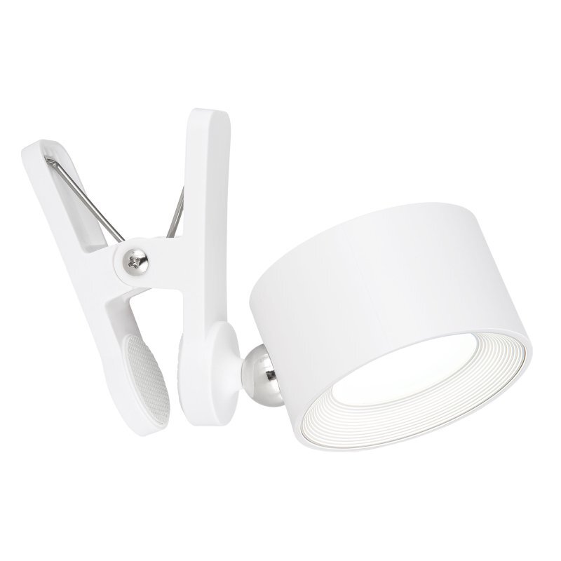 Biała lampa biurkowa LED z klipsem, posiada okrągły klosz i metalowy element łączący. Lampa ma nowoczesny design i jest wyposażona w dotykowy ściemniacz.
