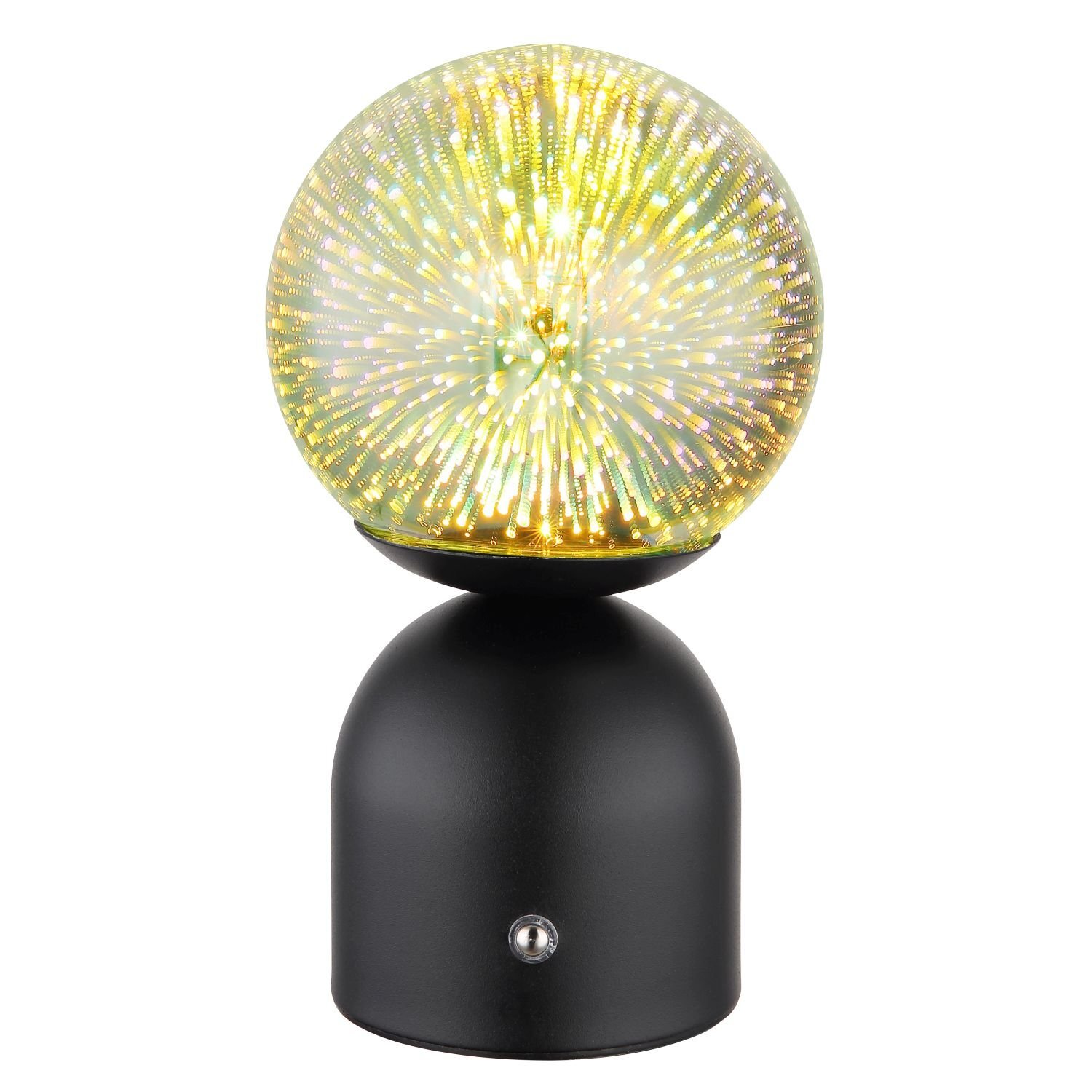 Stylowa lampa stołowa LED z kulistym kloszem emitującym wielokolorowe światło, osadzona na czarnej podstawie z metalowym przyciskiem.
