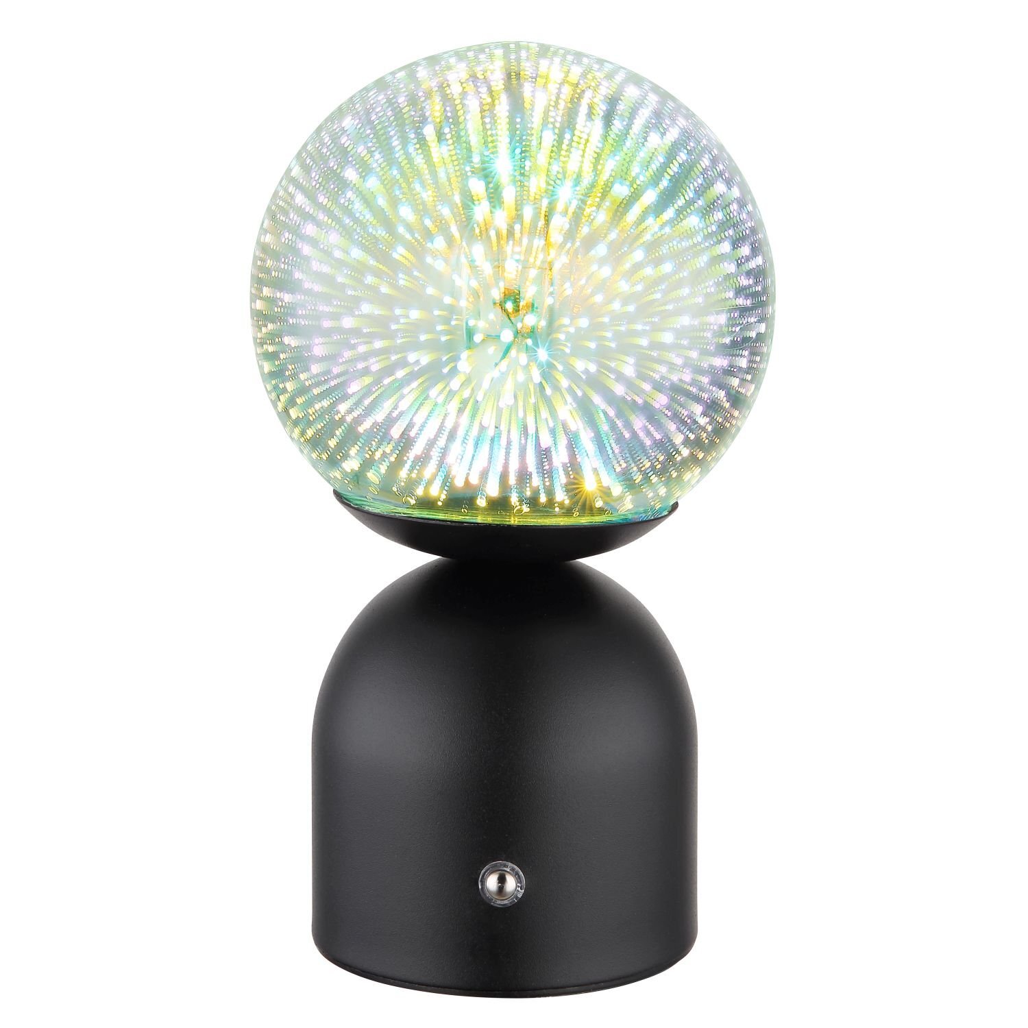 Stylowa lampa stołowa LED z kulistym kloszem emitującym wielokolorowe światło, osadzona na czarnej podstawie z metalowym przyciskiem.