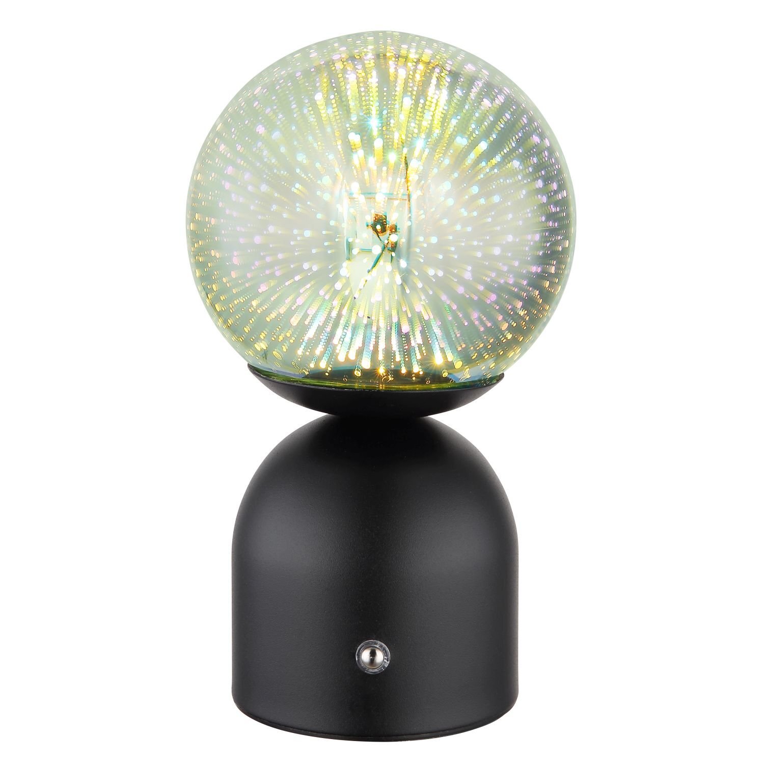Stylowa lampa stołowa LED z kulistym kloszem emitującym wielokolorowe światło, osadzona na czarnej podstawie z metalowym przyciskiem.