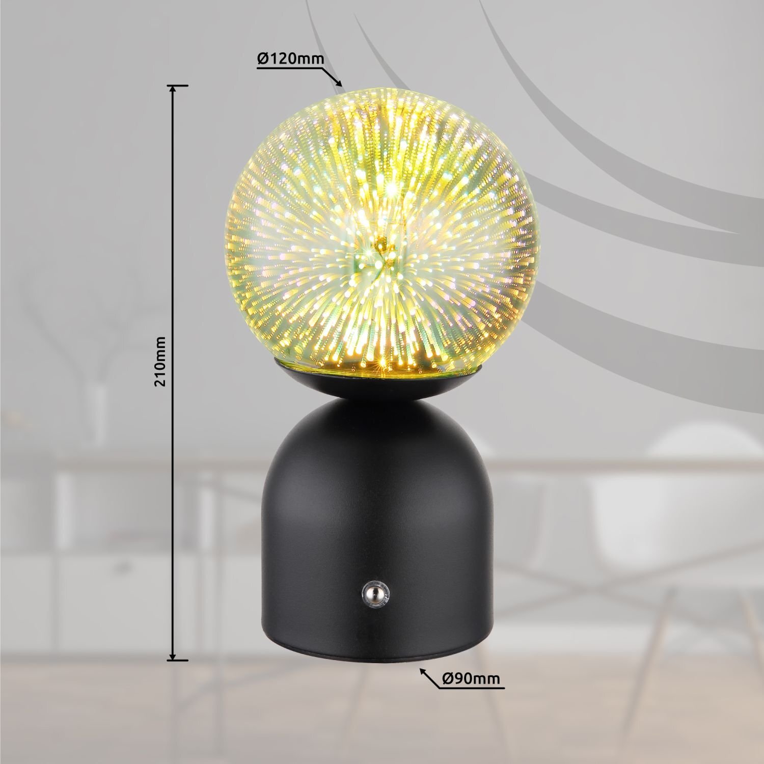 Stylowa lampa stołowa LED z kulistym kloszem emitującym wielokolorowe światło, umieszczona na czarnej podstawie. Wymiary: wysokość 210 mm, średnica klosza 120 mm, średnica podstawy 90 mm.