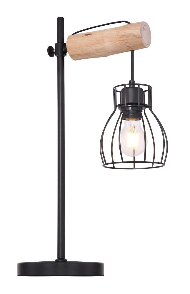 Czarna lampa biurkowa z naturalnym drewnianym elementem i metalowym kloszem w kształcie klatki, zawierająca żarówkę E27. Lampa posiada prostą, okrągłą podstawę i pionowy wspornik.