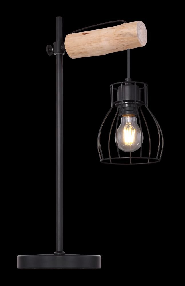 Lampa biurkowa z czarnym metalowym stelażem i kloszem w formie klatki, z drewnianym elementem na górze. Żarówka widoczna wewnątrz klosza emituje ciepłe światło.