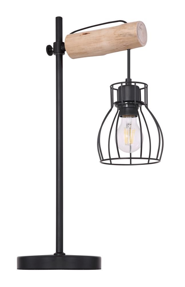 Lampa biurkowa z czarną metalową podstawą i kloszem w formie drucianej klatki, z drewnianym elementem na górze. Wewnątrz klosza znajduje się żarówka E27.
