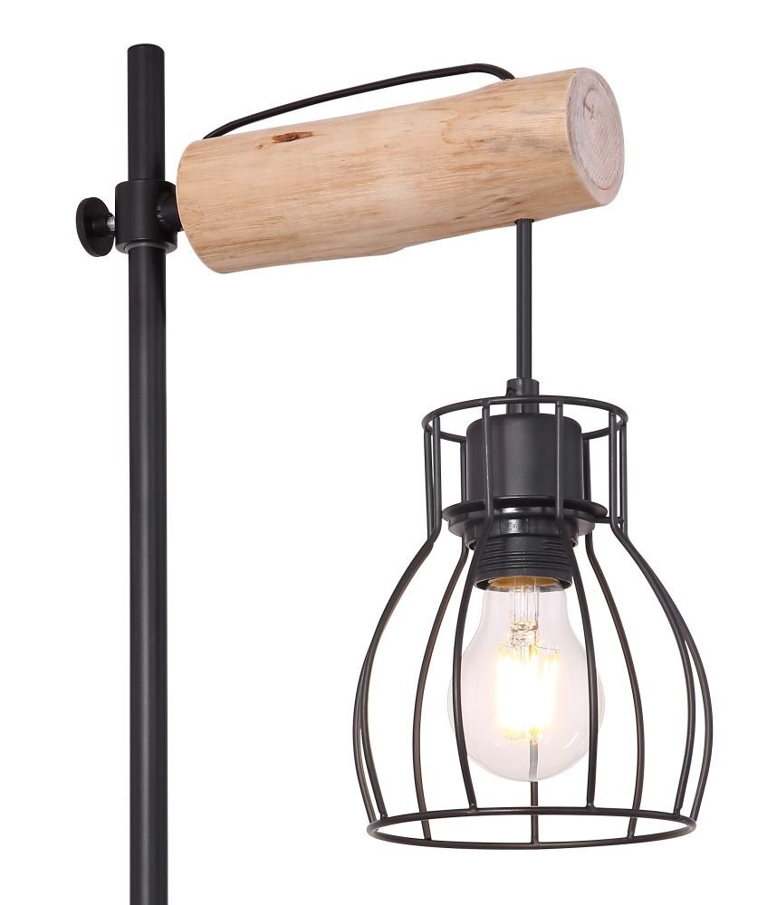 Lampa biurkowa z czarnym metalowym kloszem w formie klatki i drewnianym elementem na górze. Żarówka E27 jest widoczna wewnątrz klosza.