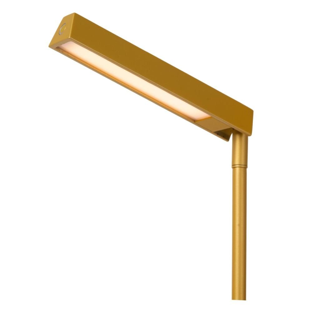 Złota lampa podłogowa LED o prostokątnym kształcie z wbudowanym źródłem światła. Lampa posiada smukły, nowoczesny design.
