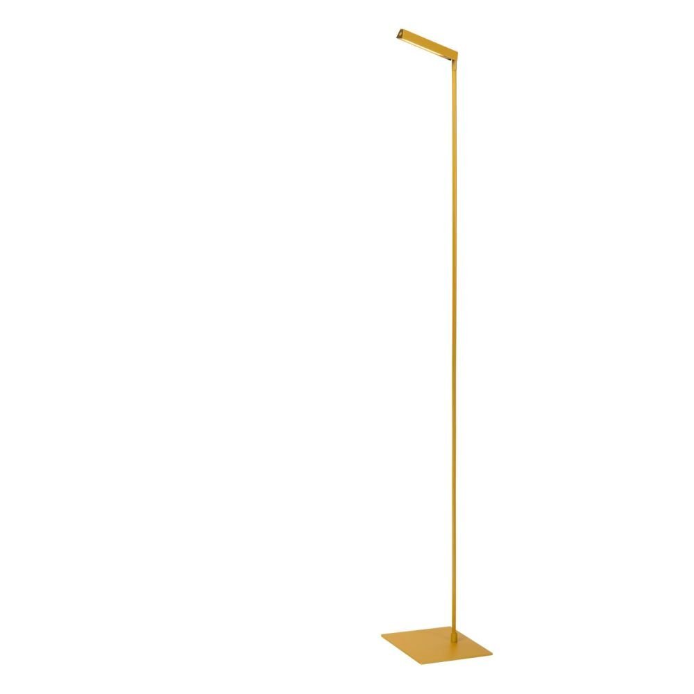 Lampa podłogowa w kolorze złotym z prostym, smukłym trzonem i kwadratową podstawą. Górna część lampy jest lekko nachylona, co sugeruje kierunek padania światła.