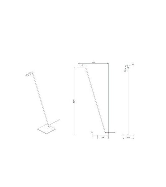 Schemat techniczny lampy podłogowej z wymiarami: wysokość 1200 mm, szerokość podstawy 200 mm, długość ramienia 142 mm.