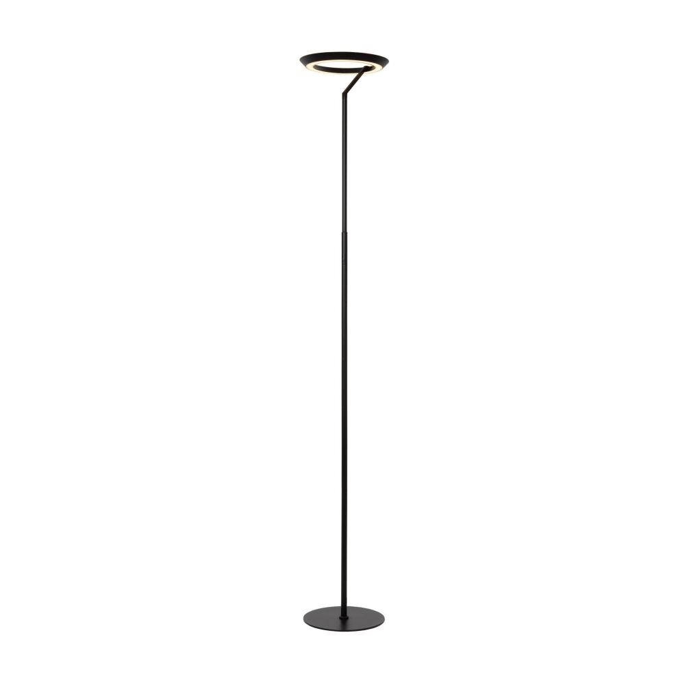 Czarna lampa podłogowa LED o smukłej konstrukcji z okrągłym kloszem skierowanym do góry. Podstawa jest płaska i okrągła.