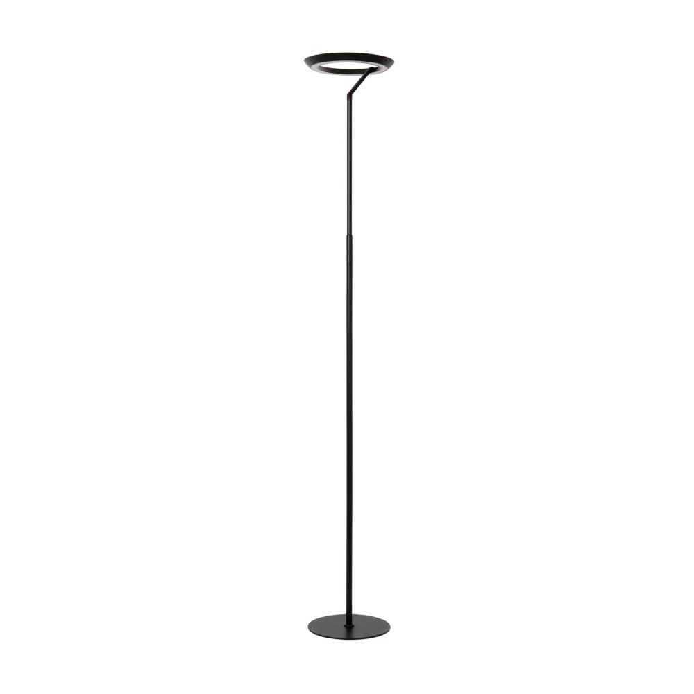 Czarna lampa podłogowa LED o smukłej konstrukcji z okrągłym kloszem skierowanym do góry. Podstawa jest płaska i okrągła.