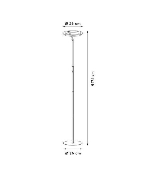 Schematyczny rysunek lampy podłogowej z okrągłą podstawą i okrągłym kloszem na górze. Wymiary: wysokość 174 cm, średnica podstawy 26 cm, średnica klosza 28 cm.
