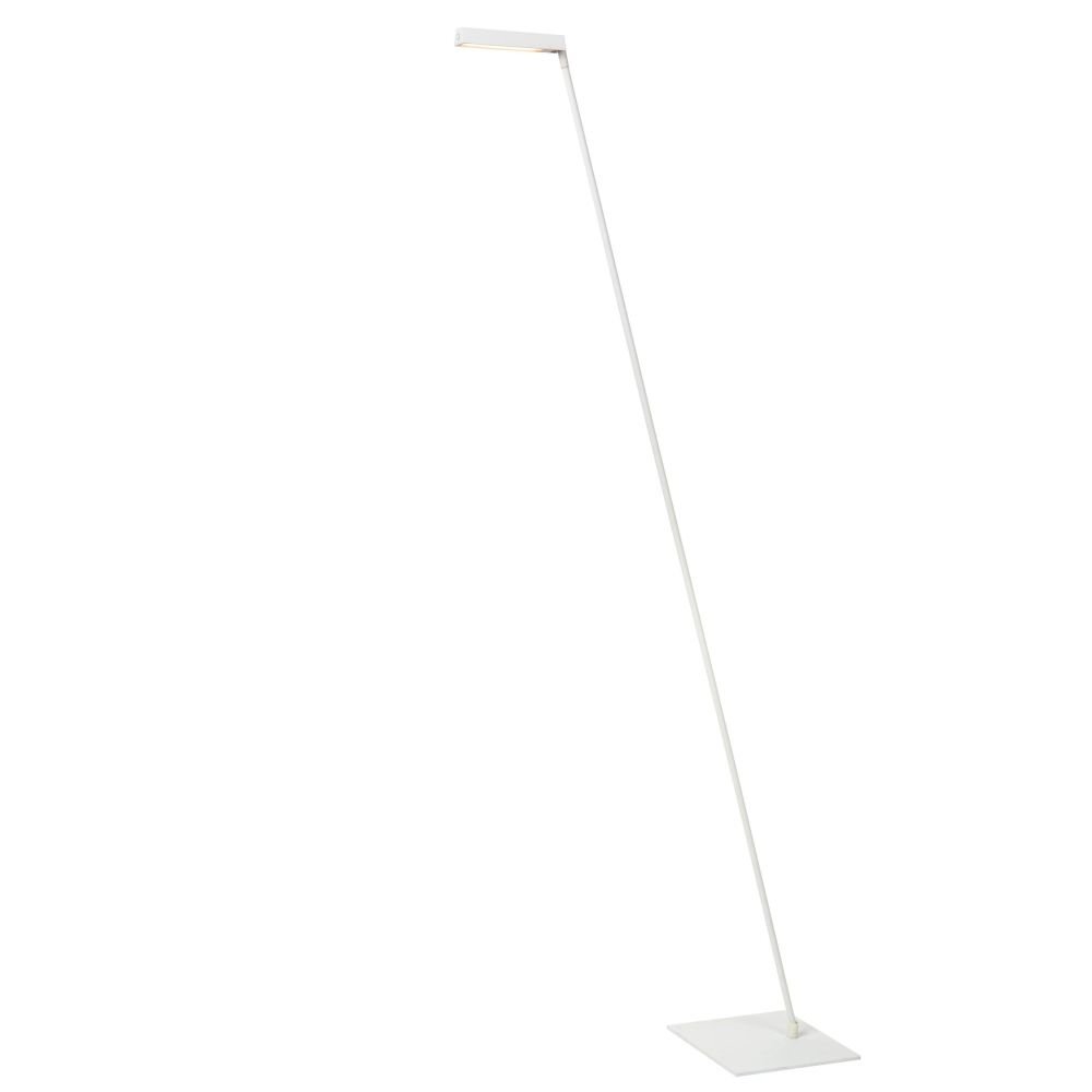 Biała, smukła lampa podłogowa LED o minimalistycznym designie, z prostokątną podstawą i wąskim, długim ramieniem zakończonym źródłem światła.