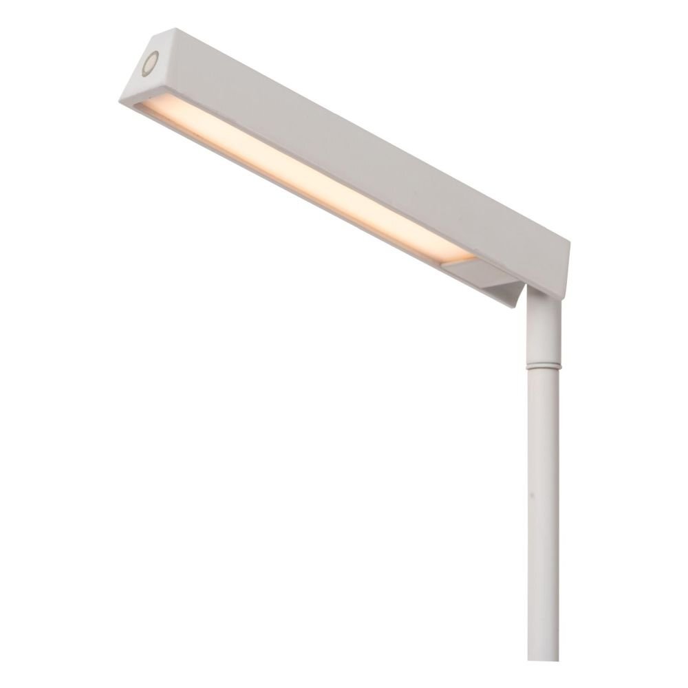 Biała lampa podłogowa LED o prostokątnym kształcie z wbudowanym źródłem światła. Lampa posiada ściemnialną funkcję i prosty, nowoczesny design.