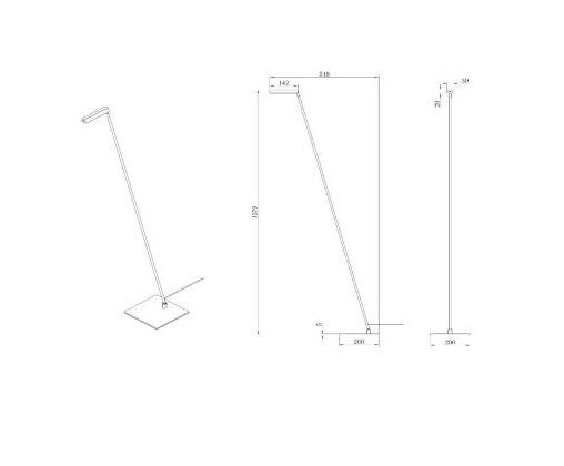 Schemat techniczny lampy podłogowej z wymiarami: wysokość 1200 mm, szerokość podstawy 200 mm, długość ramienia 518 mm.