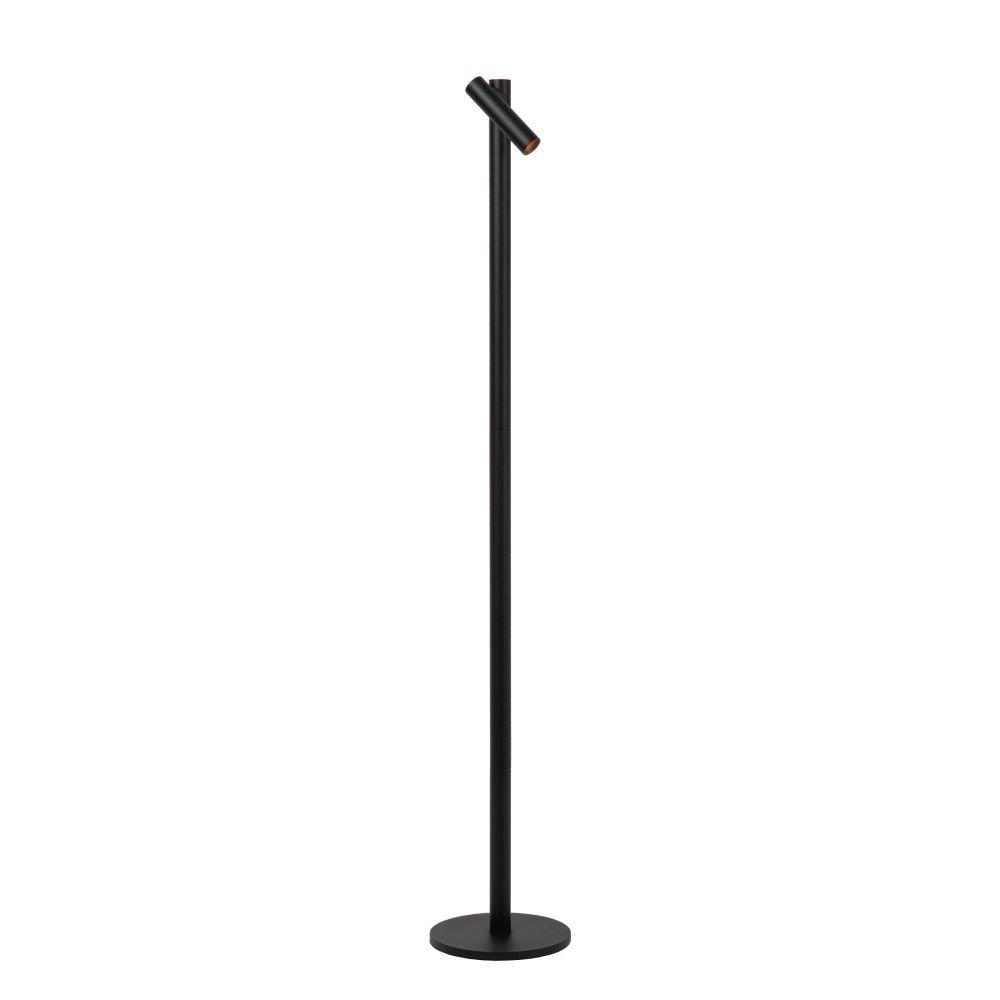 Szkic lampy podłogowej z prostokątną podstawą i pionowym słupkiem, na którym umieszczone są cztery kuliste elementy. Lampa ma nowoczesny design.