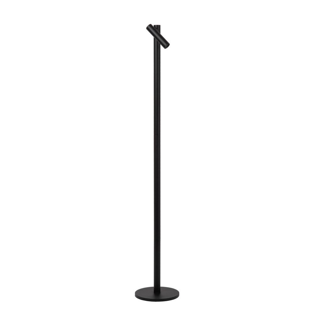 Szkic lampy podłogowej z prostokątną podstawą i pionowym słupkiem, na którym umieszczone są cztery kuliste elementy. Lampa ma nowoczesny design.