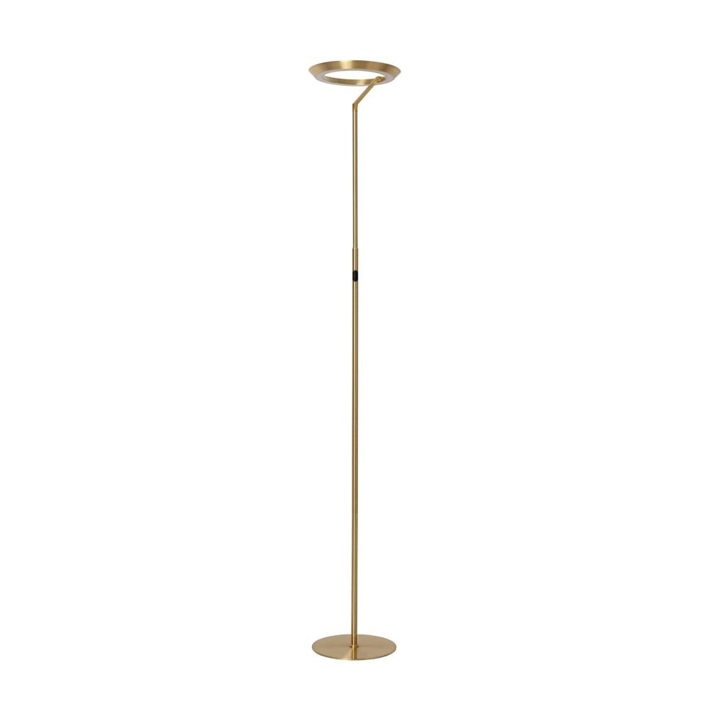 Na obrazie widoczna jest nowoczesna lampa podłogowa w kolorze złotym z okrągłą podstawą i pierścieniowym kloszem na szczycie. Lampa ma smukły, minimalistyczny design.