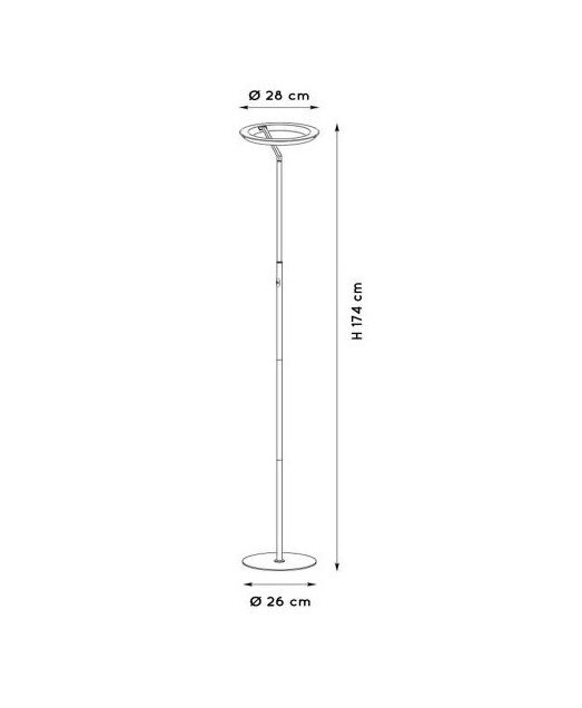 Schematyczny rysunek lampy podłogowej z okrągłą podstawą i okrągłym kloszem na górze. Wymiary: wysokość 174 cm, średnica podstawy 26 cm, średnica klosza 28 cm.