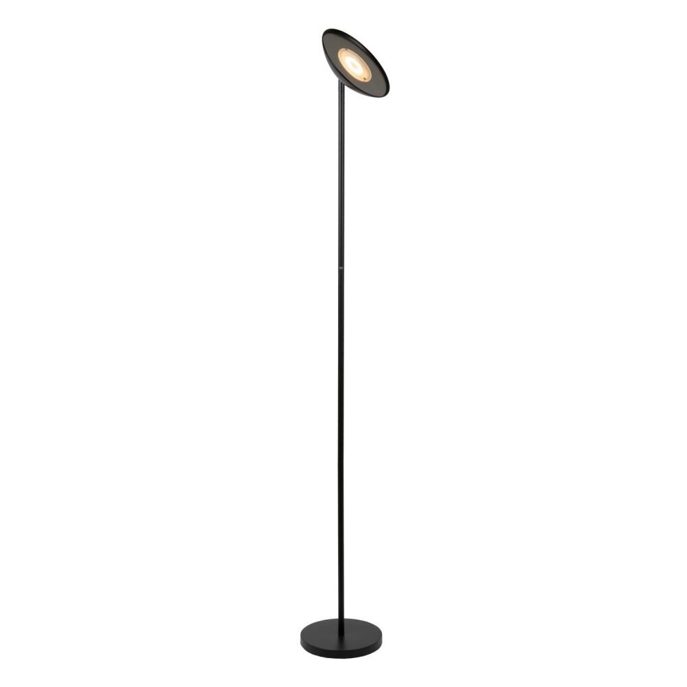 Czarna lampa podłogowa LED o nowoczesnym designie, z okrągłą podstawą i smukłym, wysokim trzonem zakończonym okrągłym kloszem emitującym ciepłe światło.