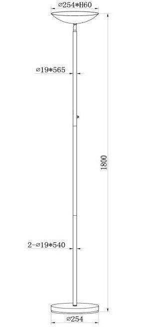 Schemat lampy podłogowej z wymiarami: wysokość 1800 mm, średnica podstawy 254 mm, średnica klosza 254 mm, wysokość klosza 60 mm.