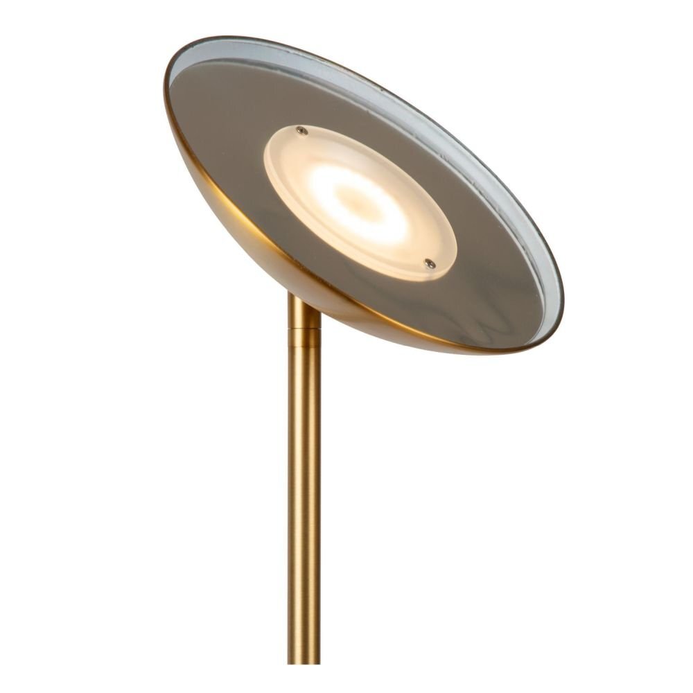Nowoczesna lampa podłogowa LED z okrągłym kloszem w kolorze złotym. Klosz jest lekko nachylony, a w jego centrum znajduje się źródło światła.