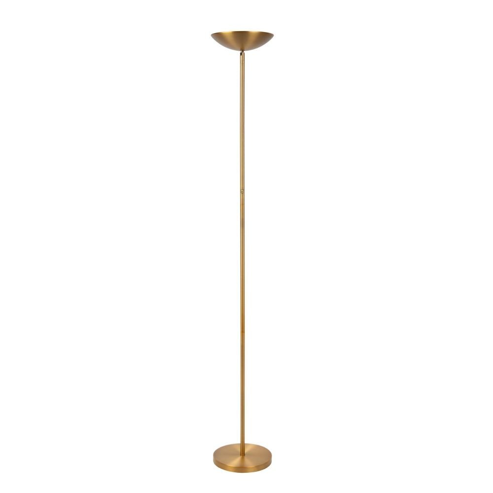 Złota, cylindryczna lampa wisząca z cienkim przewodem i okrągłą podsufitką. Lampa ma nowoczesny design i jest przeznaczona do wnętrz.