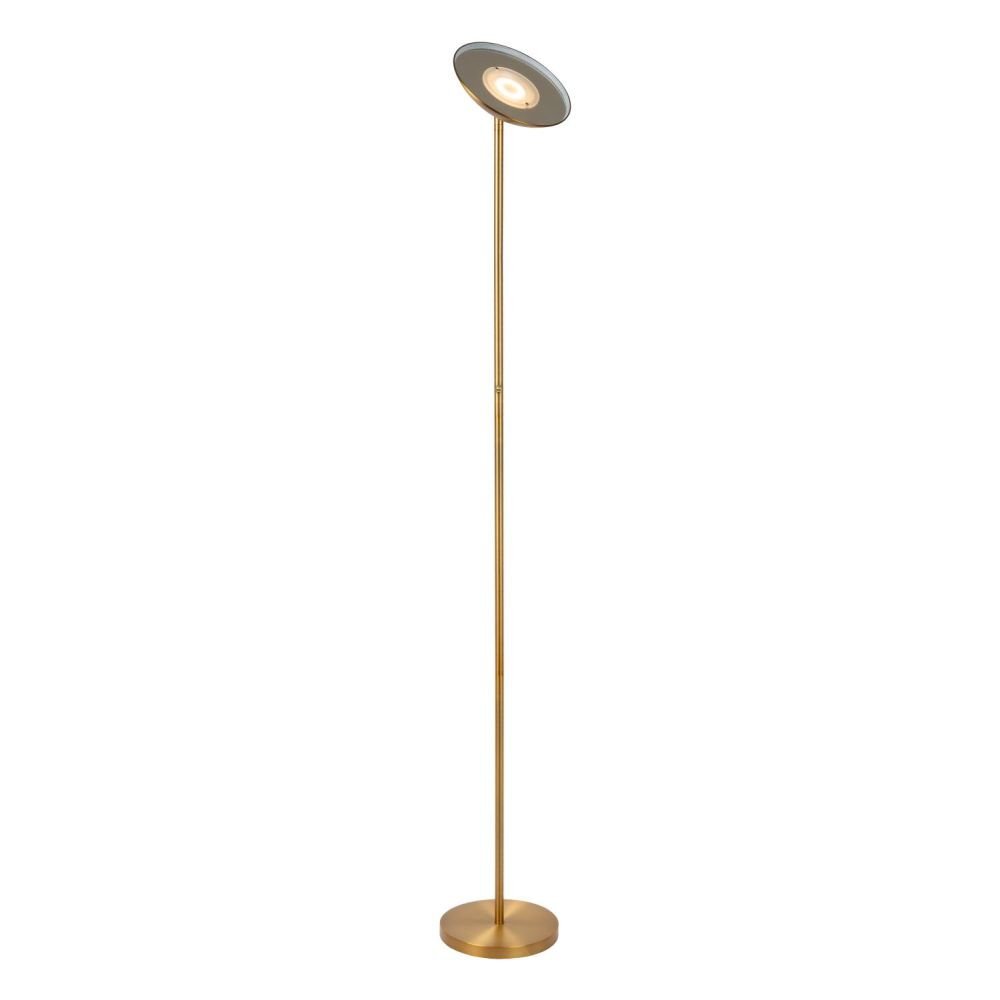 Nowoczesna lampa podłogowa LED o złotym wykończeniu z okrągłą podstawą i regulowanym kloszem. Lampa ma smukły, minimalistyczny design.