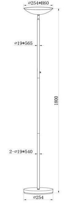 Schemat techniczny lampy podłogowej z wymiarami: wysokość 1800 mm, średnica podstawy 254 mm, średnica klosza 254 mm, wysokość klosza 60 mm.