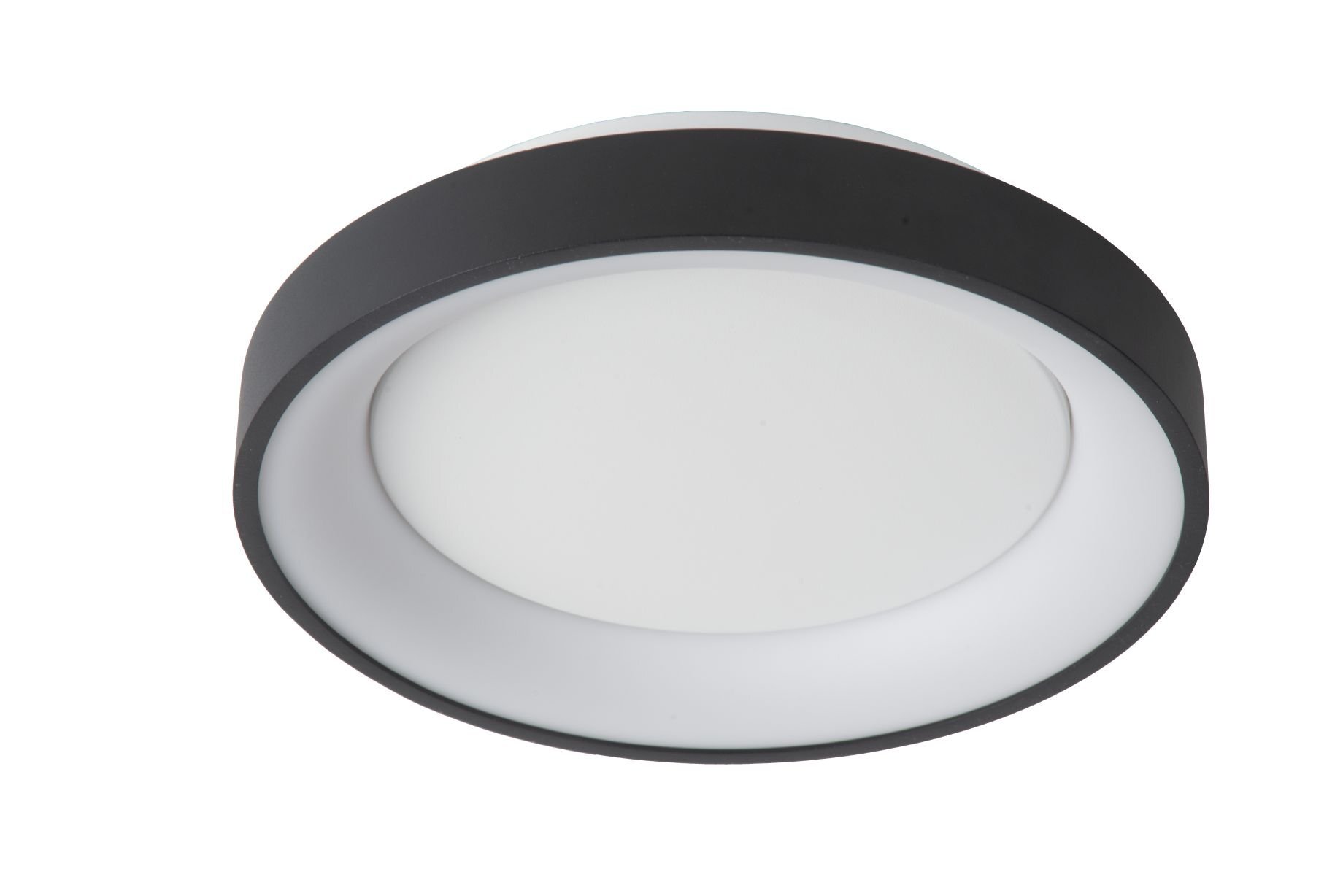 Na obrazie widoczna jest okrągła lampa sufitowa z czarną obudową i białym kloszem. Lampa ma nowoczesny design.
