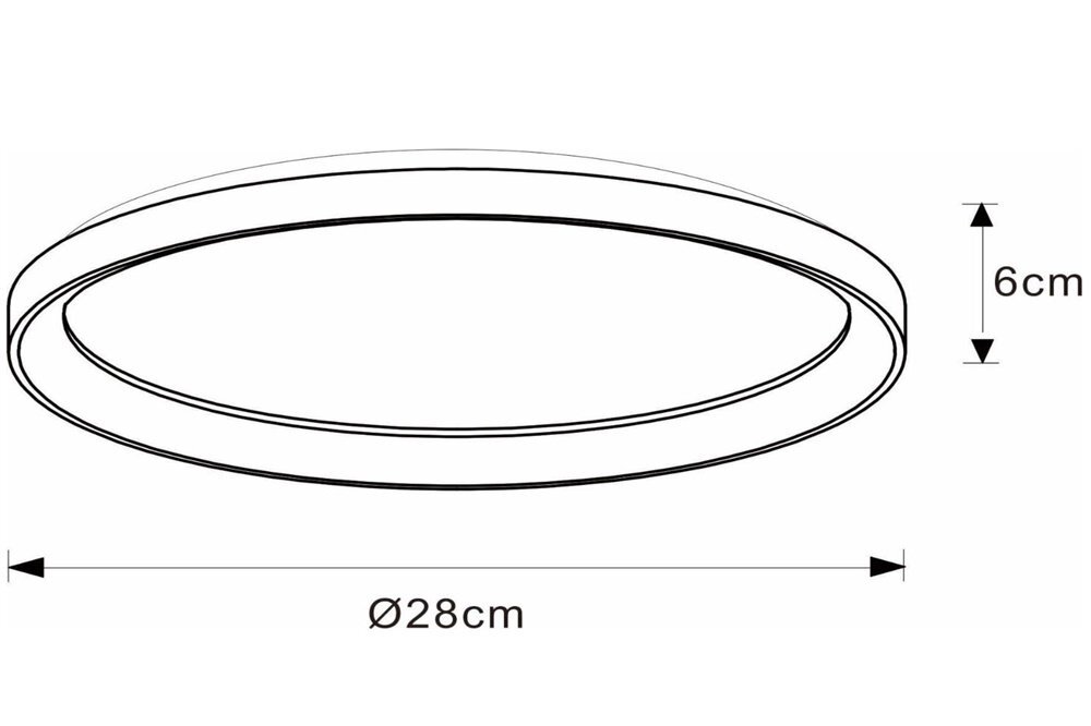 Schematyczny rysunek okrągłego plafonu LED o średnicy 28 cm i wysokości 6 cm.