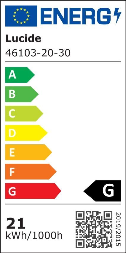 Etykieta energetyczna z logo UE i napisem \'Lucide 46103-20-30\'. Klasa energetyczna G, zużycie 21 kWh/1000h, kod QR na dole.