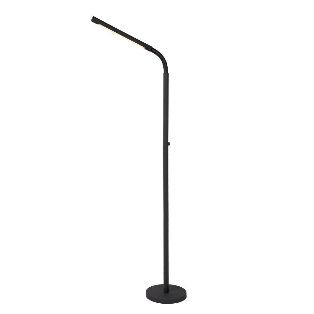 Czarna lampa podłogowa LED o nowoczesnym designie, z prostym, smukłym trzonem i okrągłą podstawą. Górna część lampy jest lekko zgięta, co umożliwia skierowanie światła w dół.