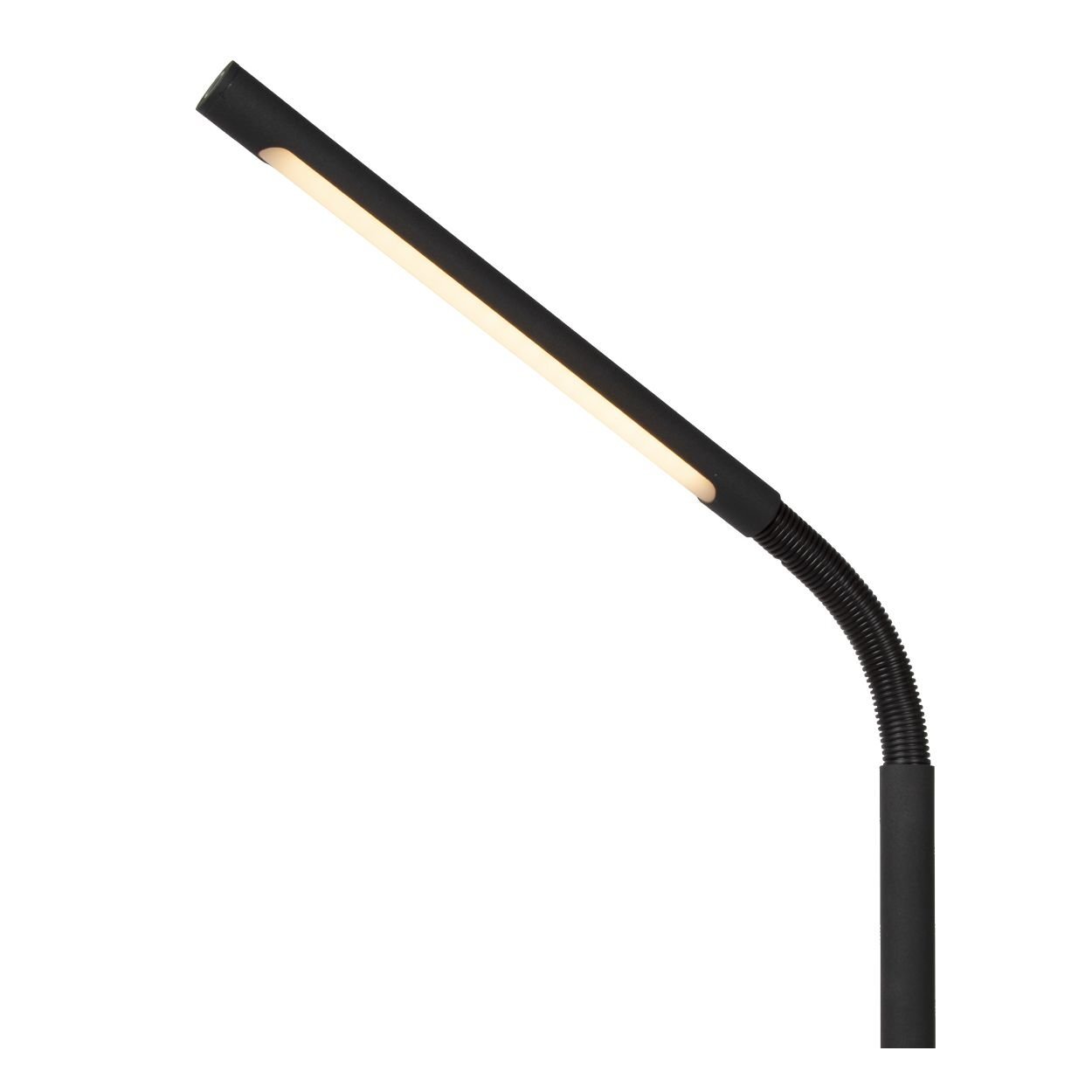 Czarna lampa podłogowa LED z elastycznym ramieniem i podłużnym źródłem światła. Lampa ma nowoczesny design i jest energooszczędna.