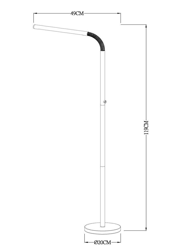 Schemat lampy podłogowej z wymiarami: wysokość 119 cm, długość ramienia 49 cm, średnica podstawy 20 cm.