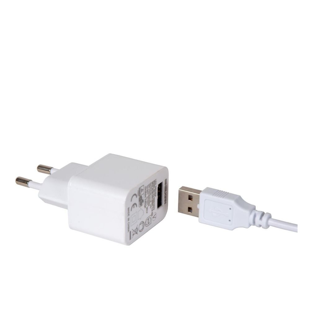 Biały adapter sieciowy z wtyczką USB oraz białym kablem USB. Na adapterze widoczne są symbole i oznaczenia techniczne.