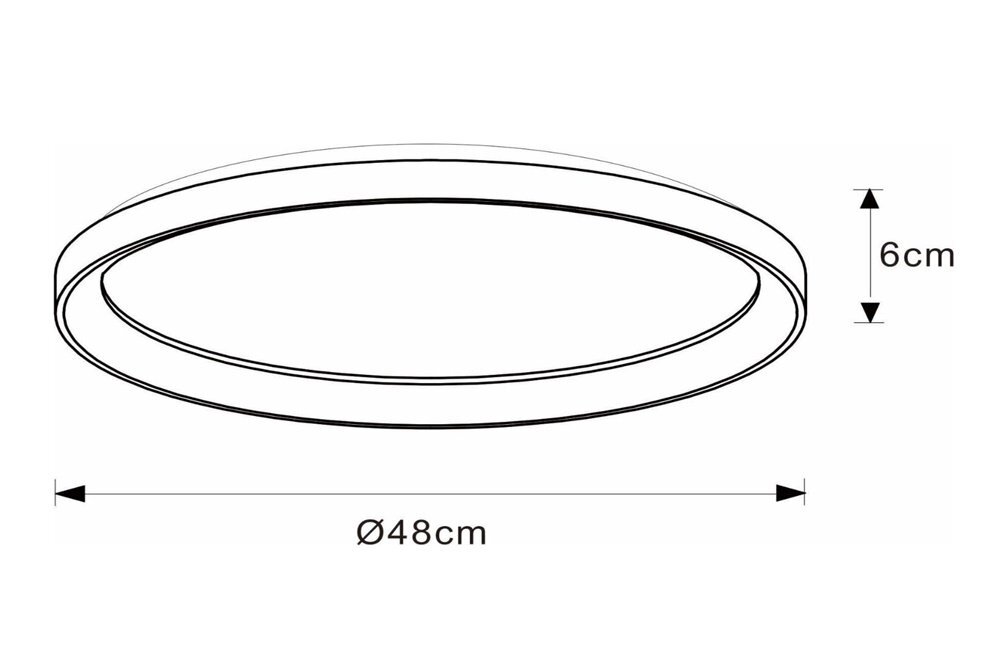 Schematyczny rysunek okrągłej lampy sufitowej o średnicy 48 cm i wysokości 6 cm.