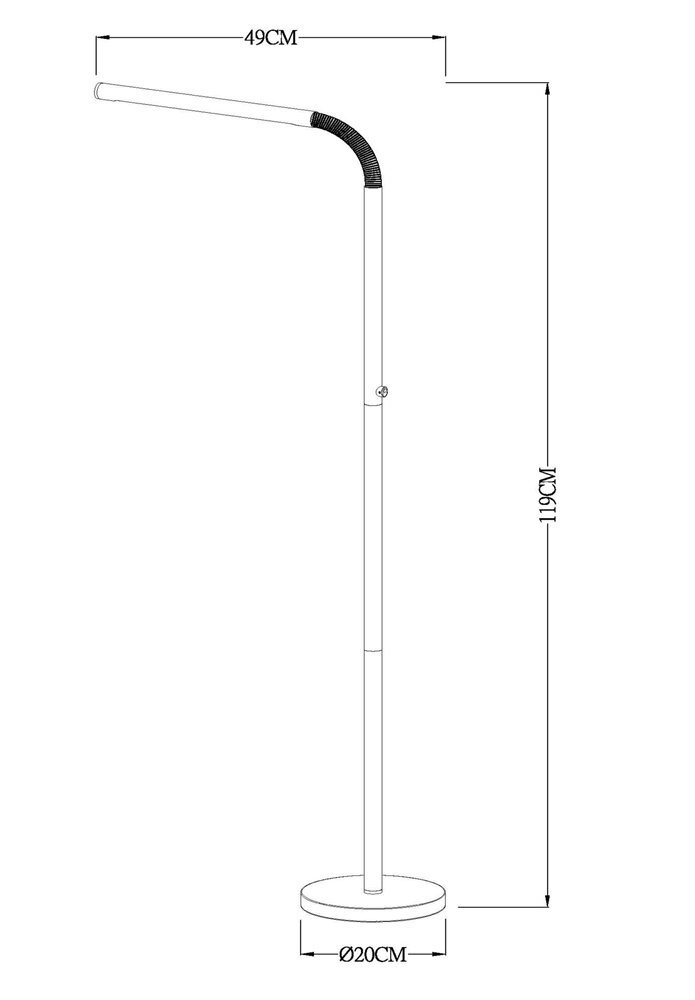 Schemat lampy podłogowej z wymiarami: wysokość 119 cm, długość ramienia 49 cm, średnica podstawy 20 cm.