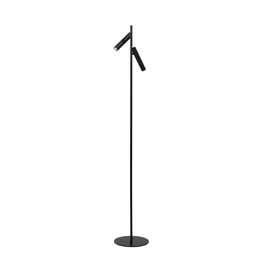 Czarna lampa podłogowa LED o nowoczesnym designie z dwoma regulowanymi źródłami światła na smukłym stojaku i okrągłej podstawie.